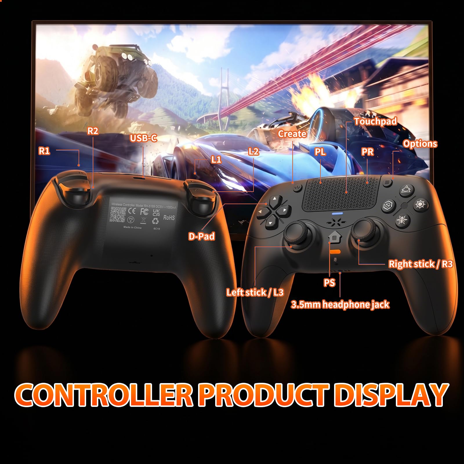 Dinosoo Wireless Controller für PS5/PC, Dynamische Trigger, HD-Linearvibration, Integriertes Mikrofon/Lautsprecher + Stummschalttaste, 6-Achsen-Bewegungssensor