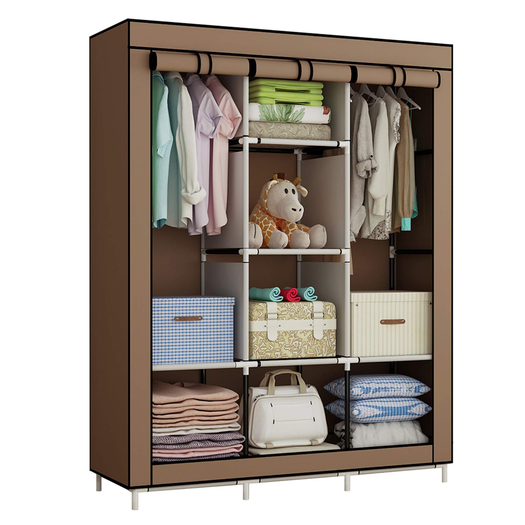 ACCSTORE Canvas Wardrobe Cupboard Clothes Storage Organiser With 2 Hanging Rail and 6 Shelves,Brown