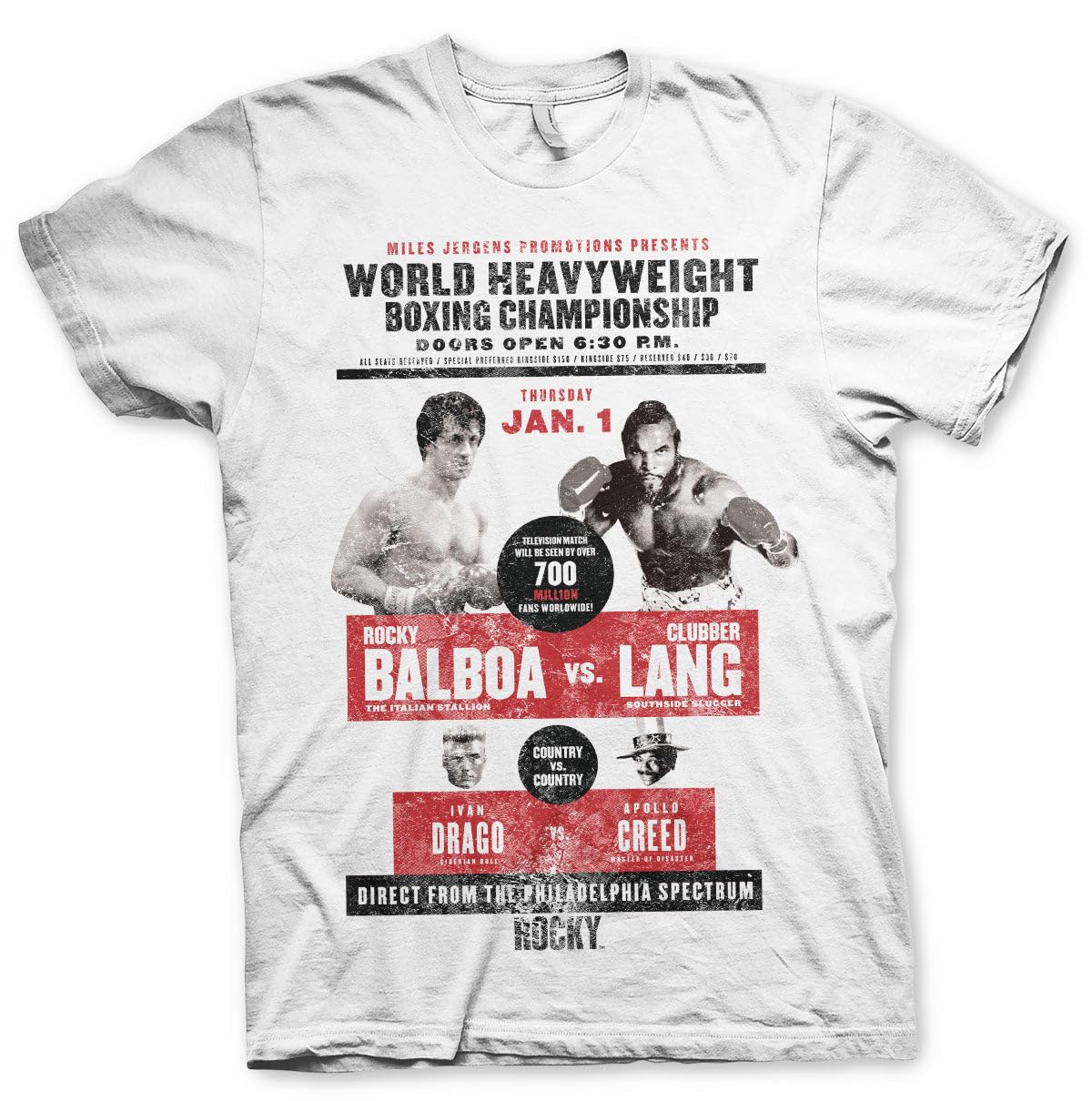 Rocky Men's White Officially Licensed World Heavyweight Poster T-Shirt (White), Large