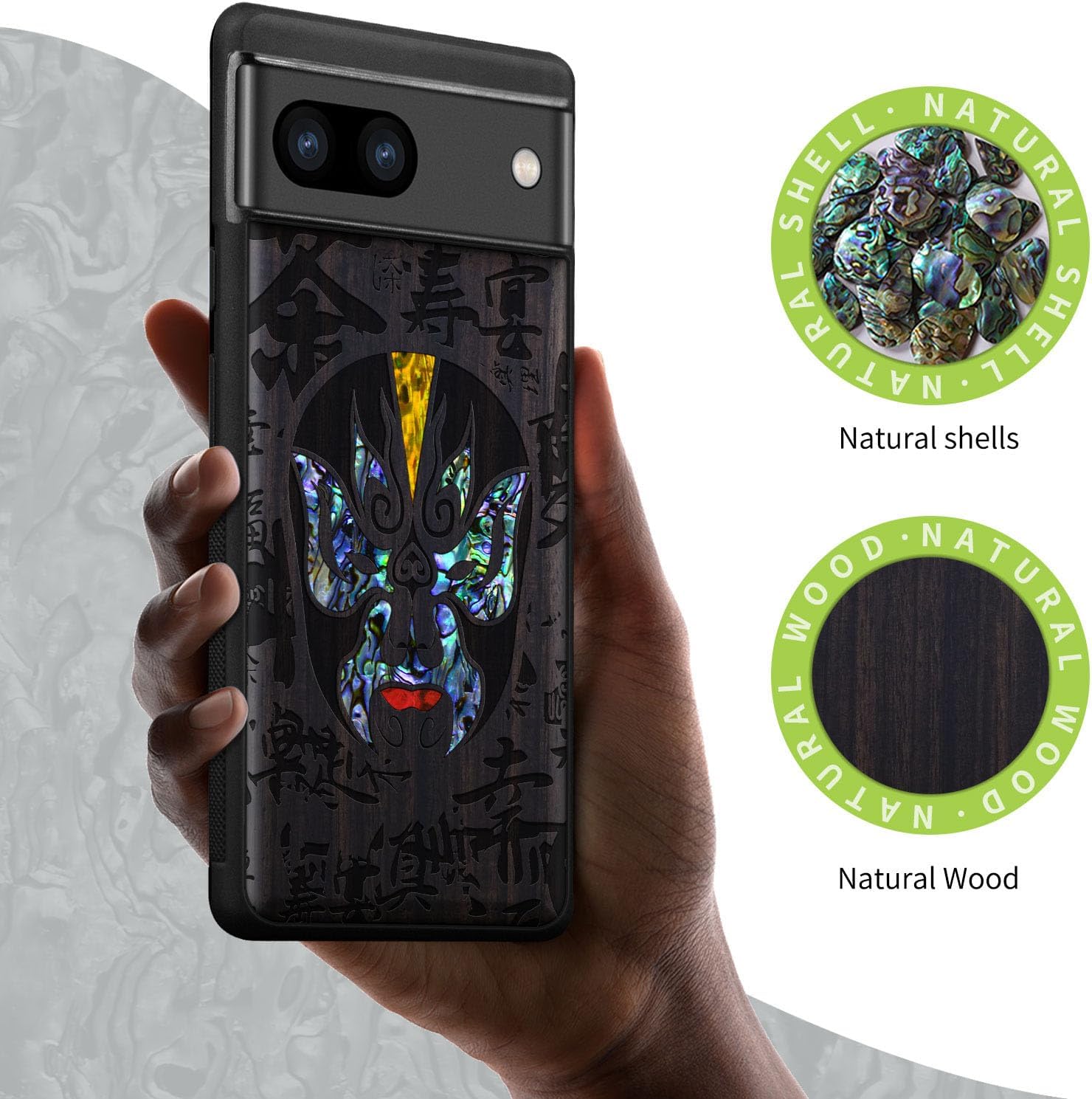 Carveit Designer Wooden Case for Google Pixel 8a Case Cover [Wood Engraving & Shell Inlay] Compatible with Wireless Chargers Pixel 8a (The Chinese Opera Mask-Blackwood)