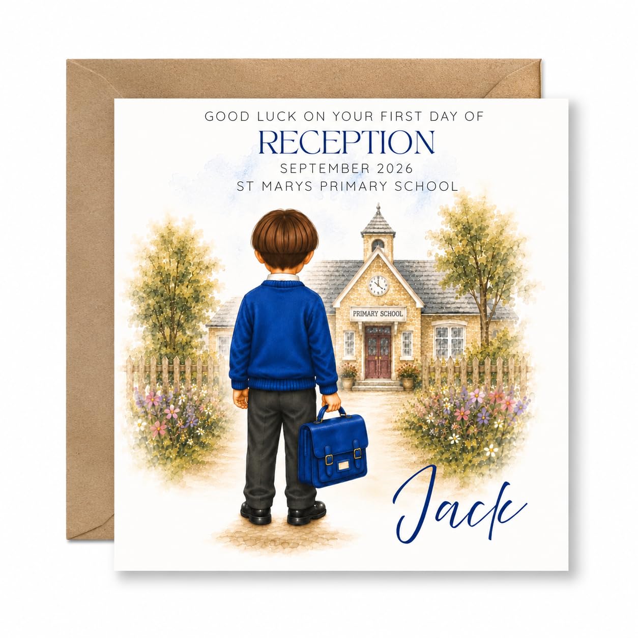 Personalised First Day of Reception Card for Boys, Starting School Primary School, Son Grandson Nephew, September 2026, custom Name & Uniform