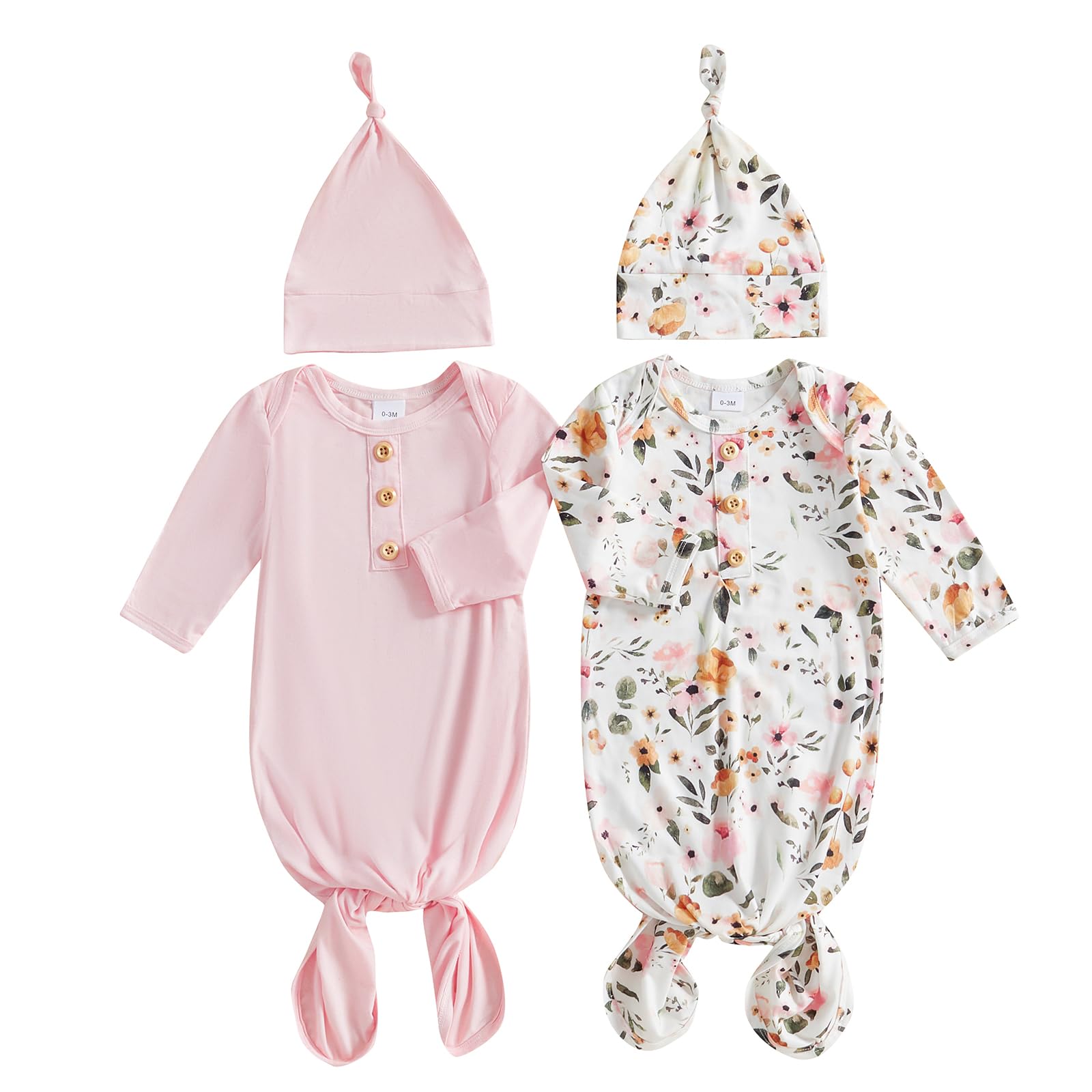 Qtinghua Newborn Baby Boy Girl Knotted Sleep Gowns Long Sleeve Printed Button Down Sleeping Bag Pajamas with Hat Cute 2 Pcs Set (Pink Floral, 0-3 Months)
