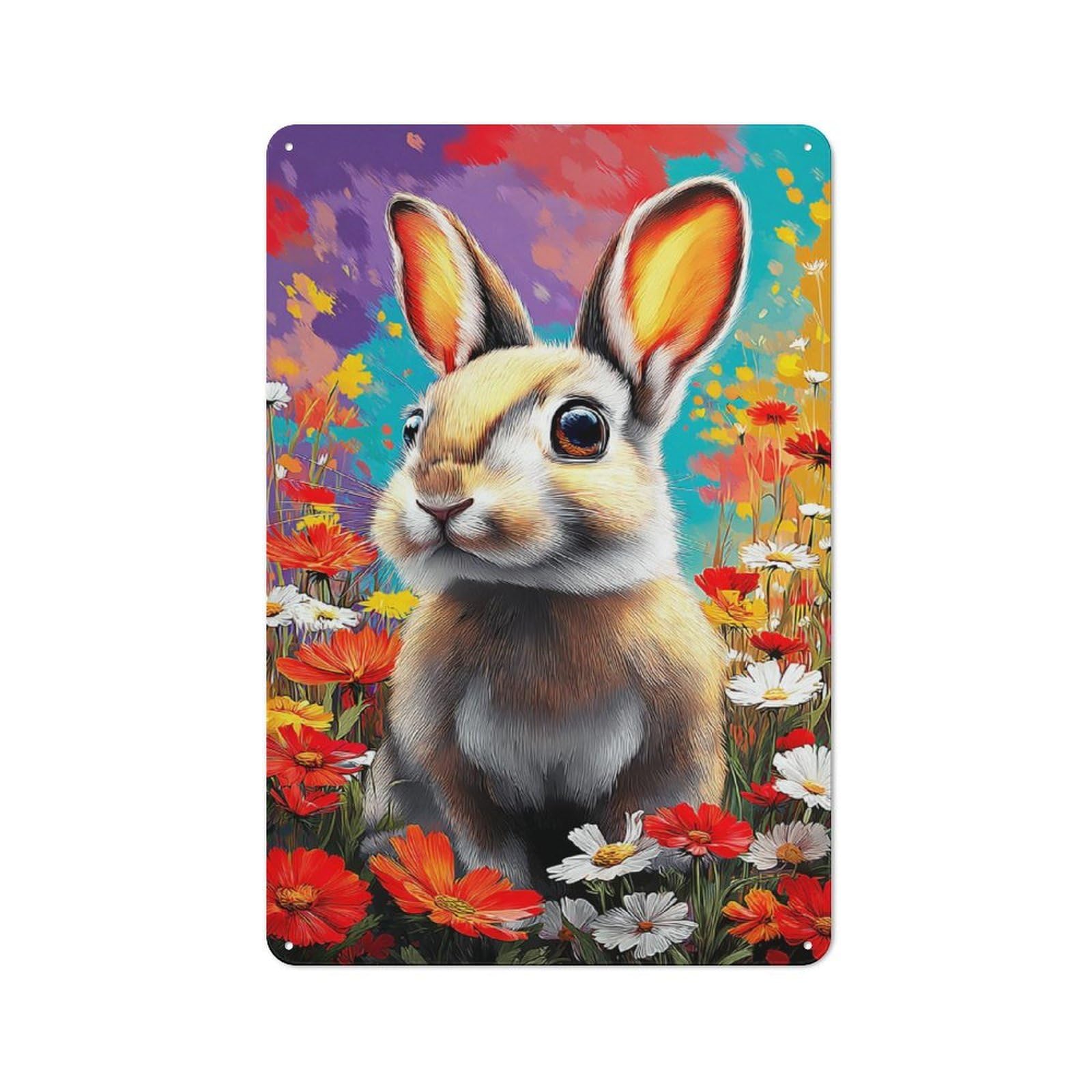 Junmoney Rabbit In A Field Of Flowers Nostalgic Metal Wall Sign 30X20cm, Classic Pub Decor For Bar, Kitchen, Garage Or Games Room