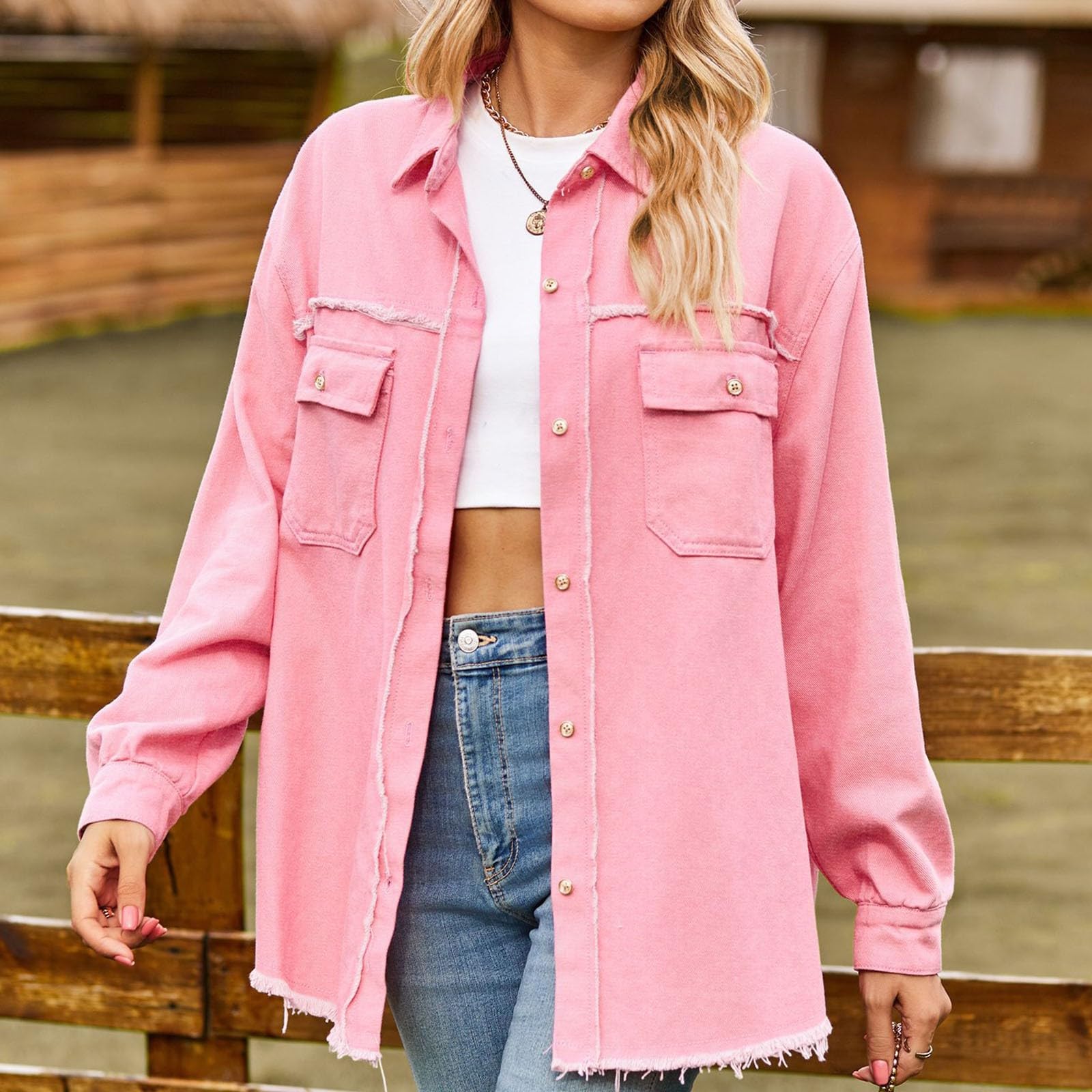 Camicia da donna in denim, con frange lavate, per il tempo libero