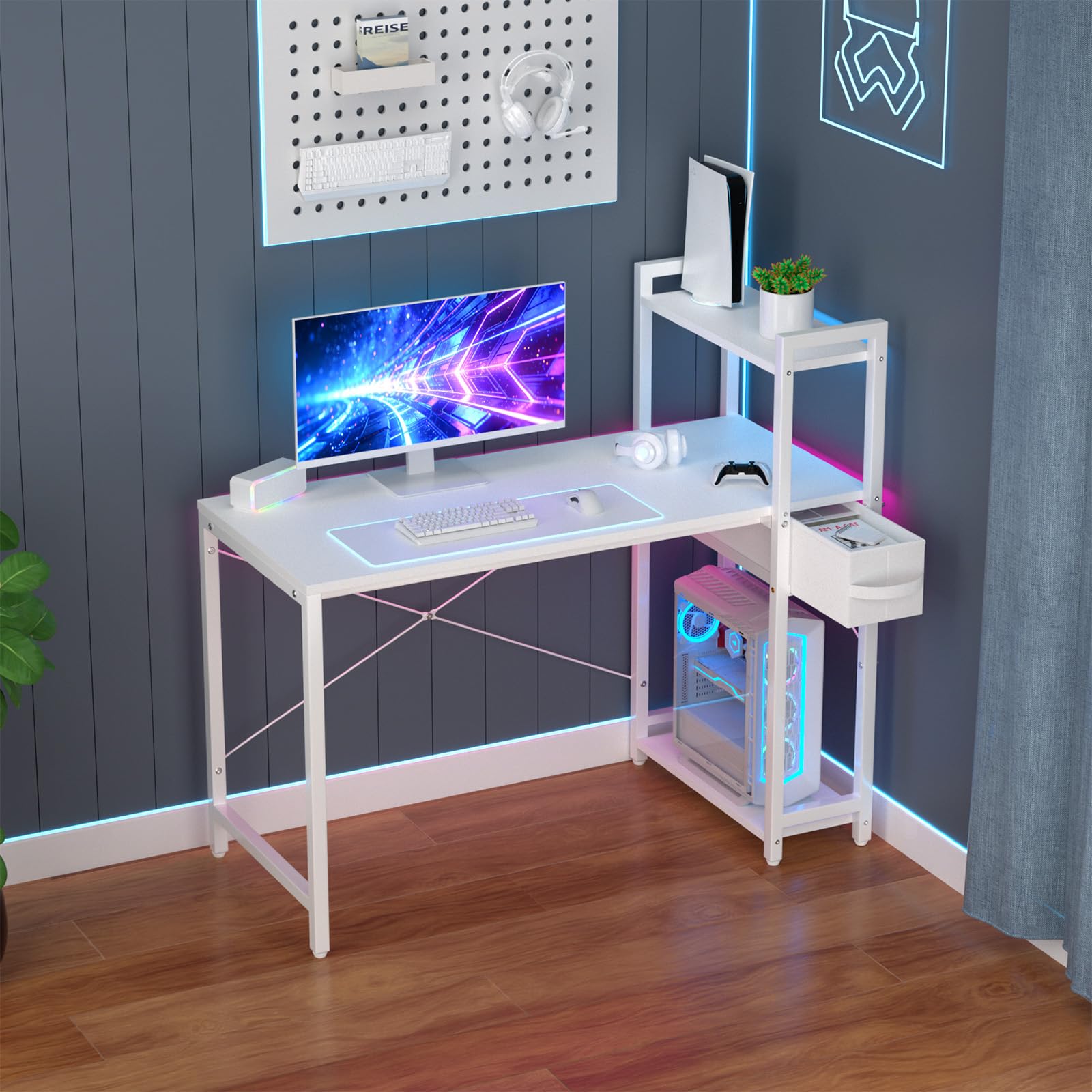 Mesa Escritorio con Estante y Cajón, 120x50 cm Escritorio con Cajones, Altura Ergonómica 75 cm, Estante 3 Niveles, Ordenador Ahorro Espacio para Home Office, Estudio, Blanco