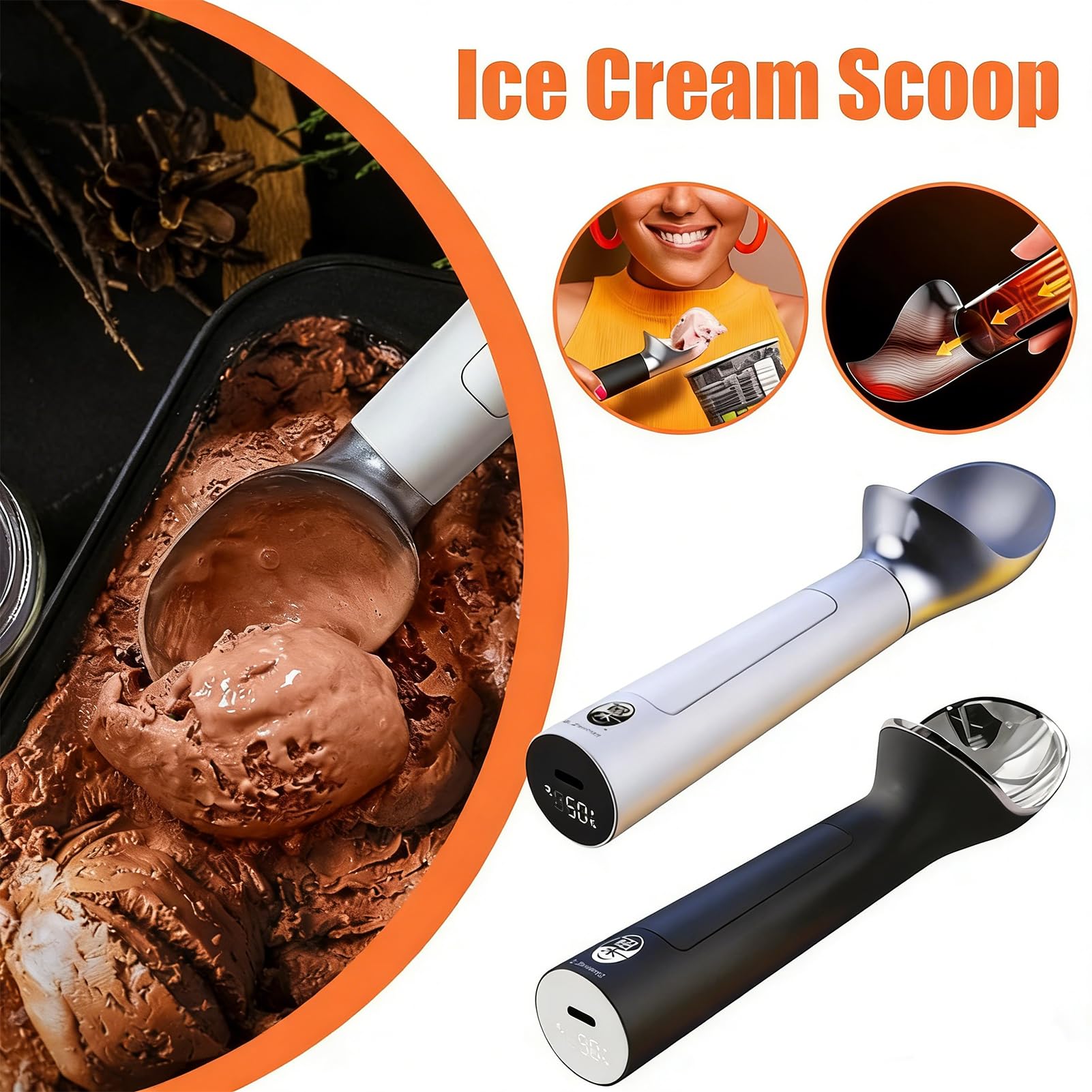 Cuillère à glace électrique – Cuillère à glace chauffante avec interrupteur tactile de température, batterie 2000 mAh, écran LED pour gelato et desserts glacés