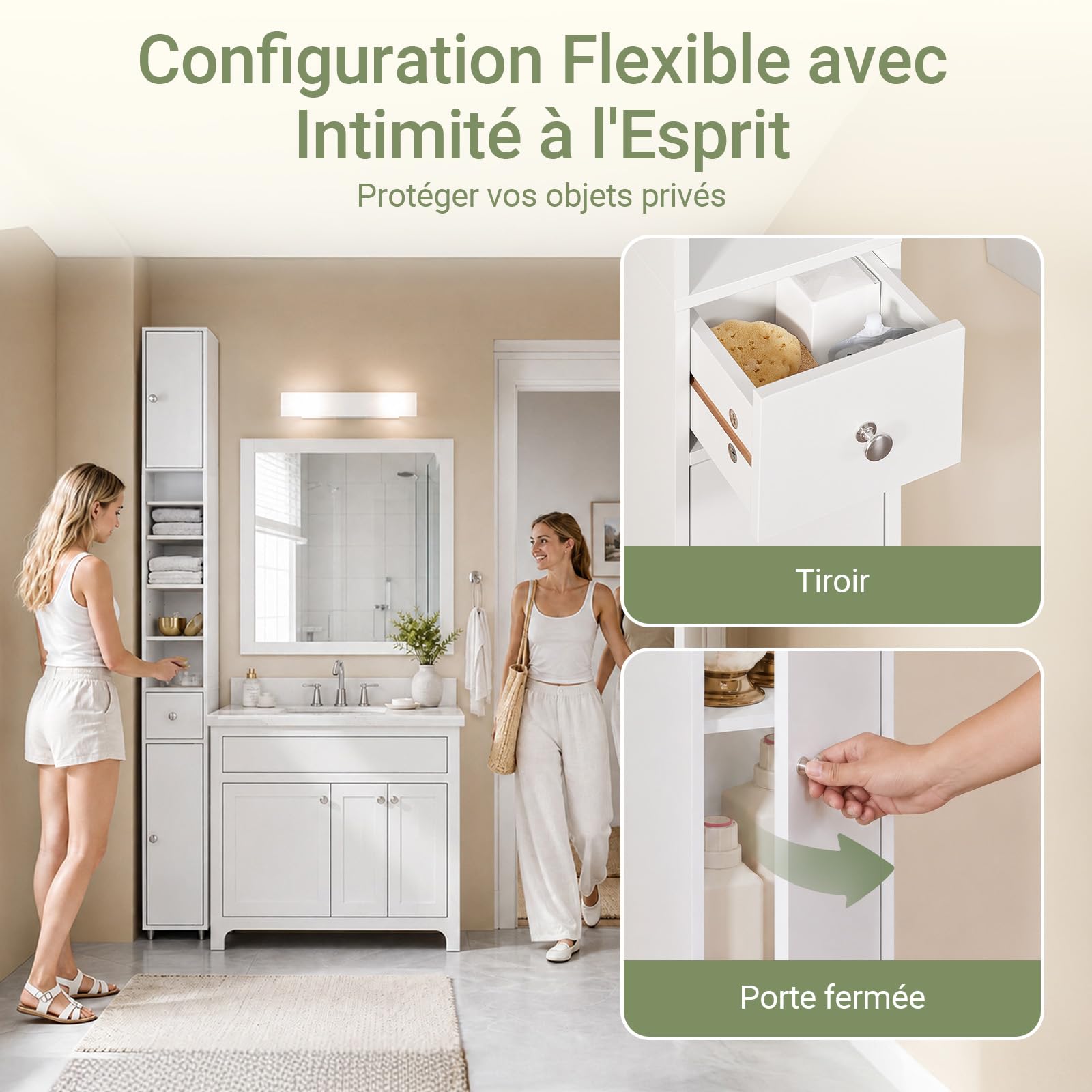 SoBuy Meuble Salle de Bain Colonne Salle de Bain 180cm Armoire de Rangement Étroite 20x20cm avec Étagères Réglables et Tiroir - Colonne Gain de Place pour WC, Lavabo, Buanderie Blanc Mat BZR34-II-W