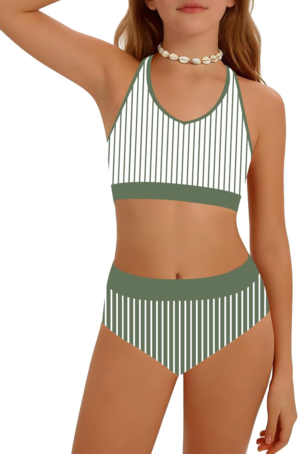 Girls Swimsuit Color-Block High Waist Sporty Sets Girls Two Piece Bathing Suit with Chest Pad Swimwear 7-16T