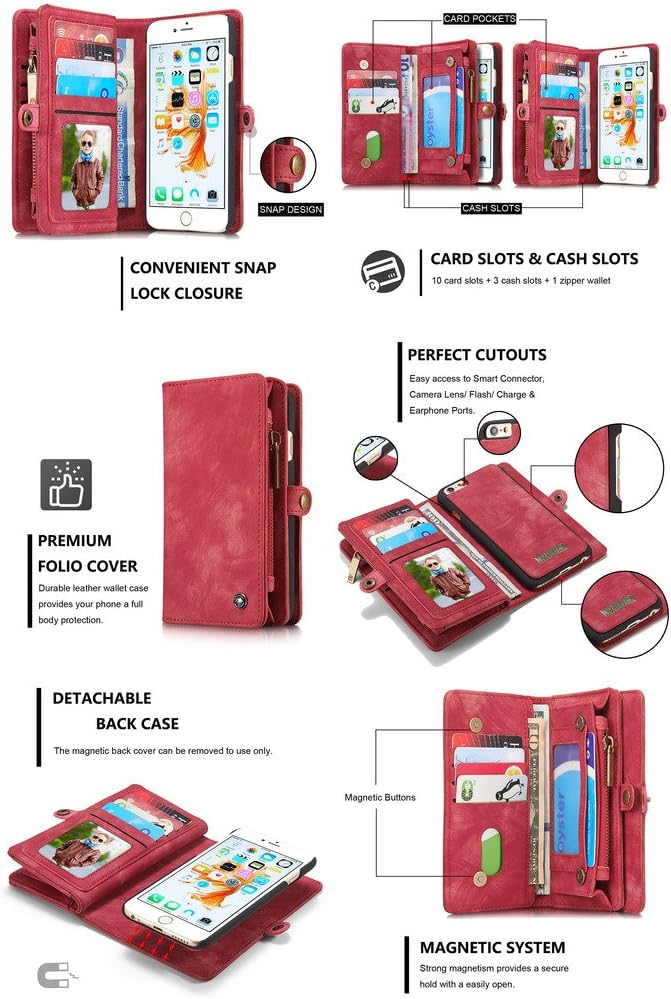 iPhone 6/iPhone 6S Leather Wallet Phone Case Card Holder Detachable Magnetic Slim Case with Zipper Storage Red