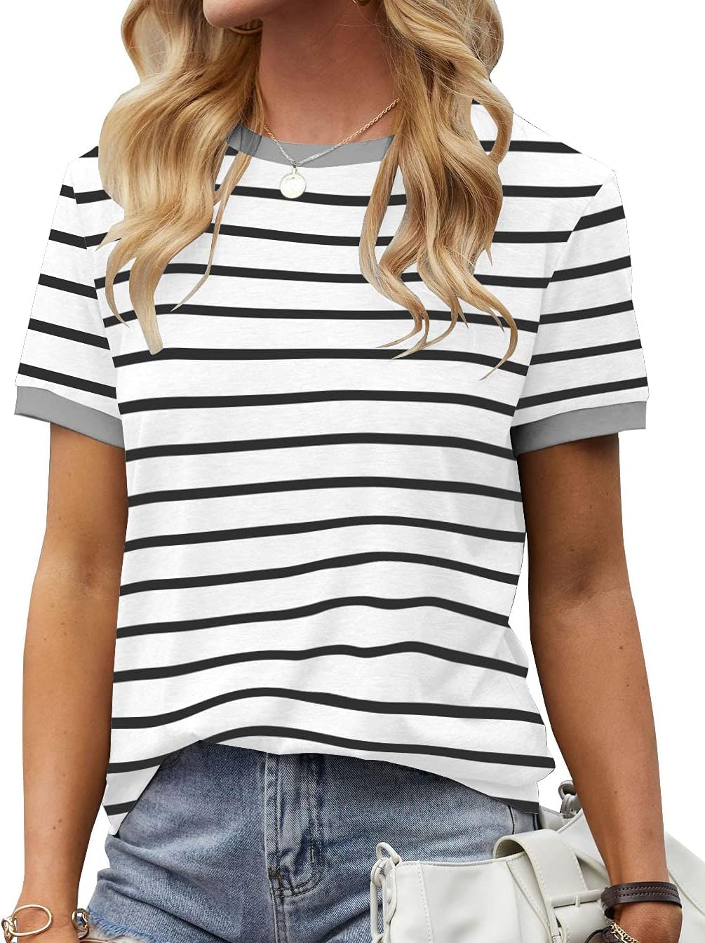 Fisoew Damen Gestreiftes T Shirt Rundhals Top Baumwolle | Sommer,Streifen,Oberteile,Kurzarm,Basic Bluse,Tunika