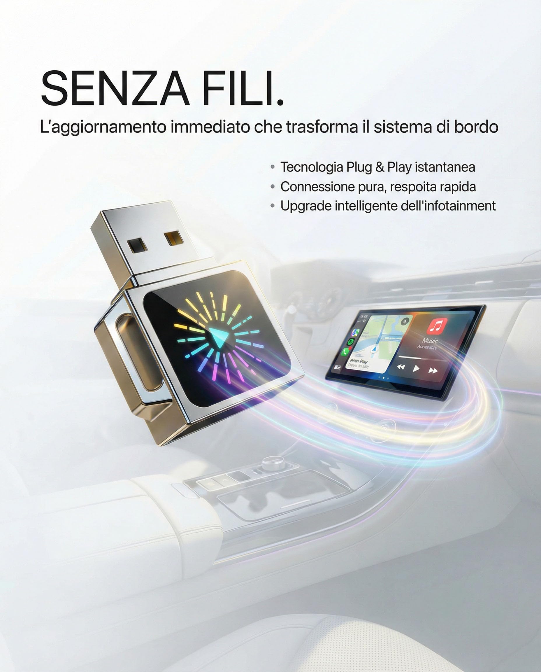 Adattatore wireless per Apple CarPlay e Android Auto, mini dongle con WiFi 6 e Bluetooth, riconnessione automatica, design compatto in metallo USB-C Incluso