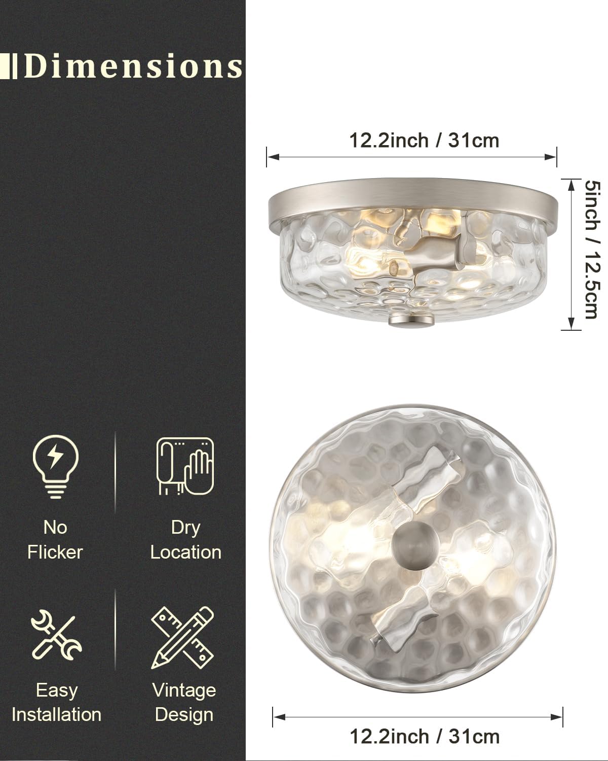 12 Inch Farmhouse Flush Mount Ceiling Light, 2 Light Industrial Close to Ceiling Light, Industrial Ceiling Lighting Fixture for Kitchen Hallway Bedroom Living Room (12.2 Inch Brushed Nickel)