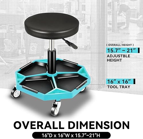 Miniatura 35 de Auto Dynasty Taburete mecánico, asiento de garaje neumático ajustable con bandeja de herramientas, asiento de rodillo de 300 libras para reparación