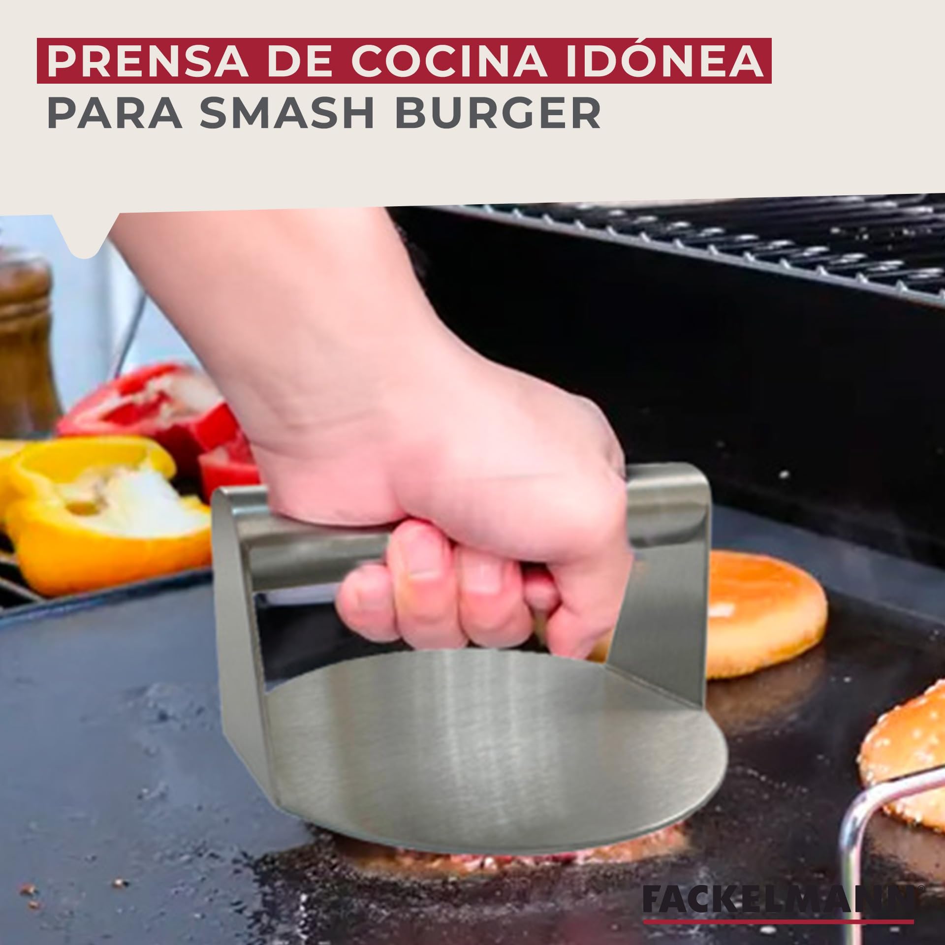 Fackelmann Prensador de Hamburguesas, Prensa para Smash Burger, Aplastador Antiadherente Profesional y Doméstico, Acero Inoxidable 430, Apto para Lavavajillas,14x7 cm, 1 ud.