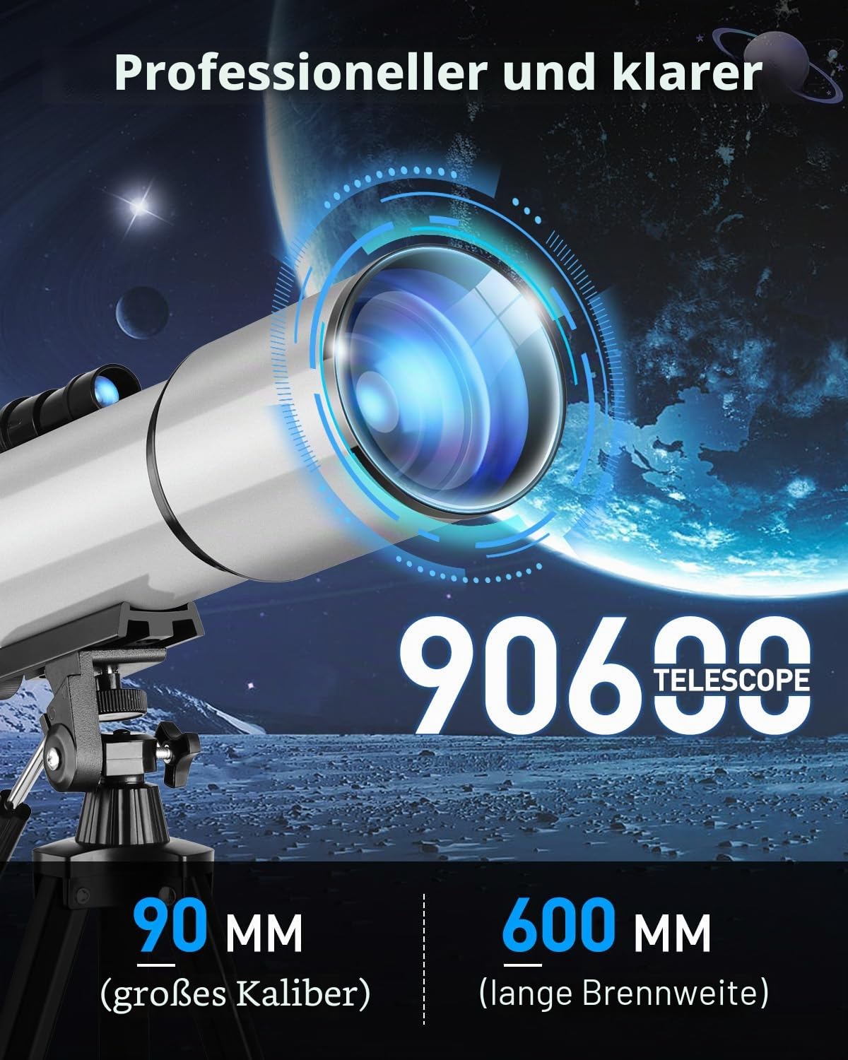 Teleskop Astronomie 90/600mm Refraktor mit Alu-Stativ – 2 Okularen (10mm & 25mm), 3X Barlow-Linse, Smartphone-Adapter & Tragetasche – Ideal für Sterne beobachten, Mond, Planeten & Vogelbeobachtung