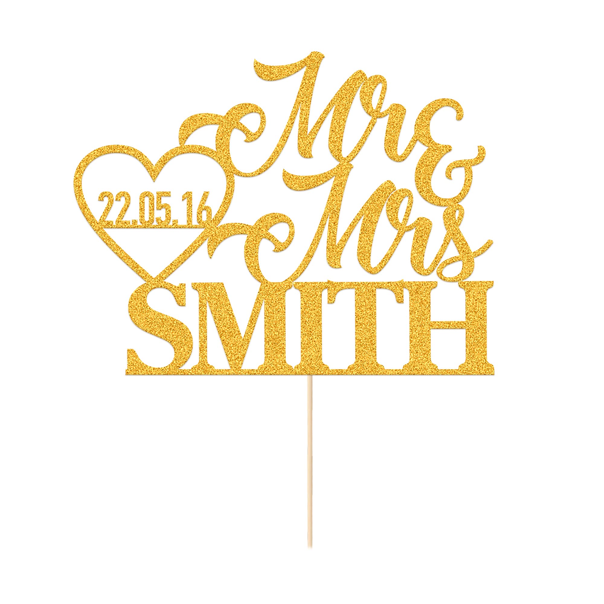 Personalized Wedding Cake Toppers, Double Sided Glitter Wedding Cake Topper With Any Name Date, Custom Gifts for Couple Newlyweds (Gold)