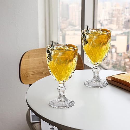 Miniatura 5 de SOUJOY Paquete de 6 vasos de copa de vidrio vintage en relieve de 10 onzas, copas de vino con tallo de bebida para refrescos, jugo en bares,