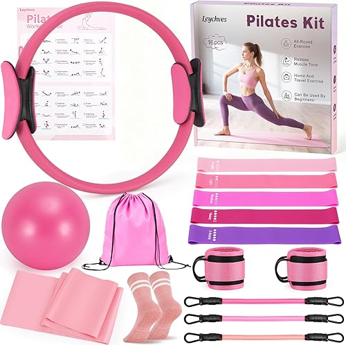 Kit de pilates Essentials para mujer, equipo de pilates mágico de 14 pulgadas con anillo de pilates y juego de pelotas, 5 bandas de resistencia y