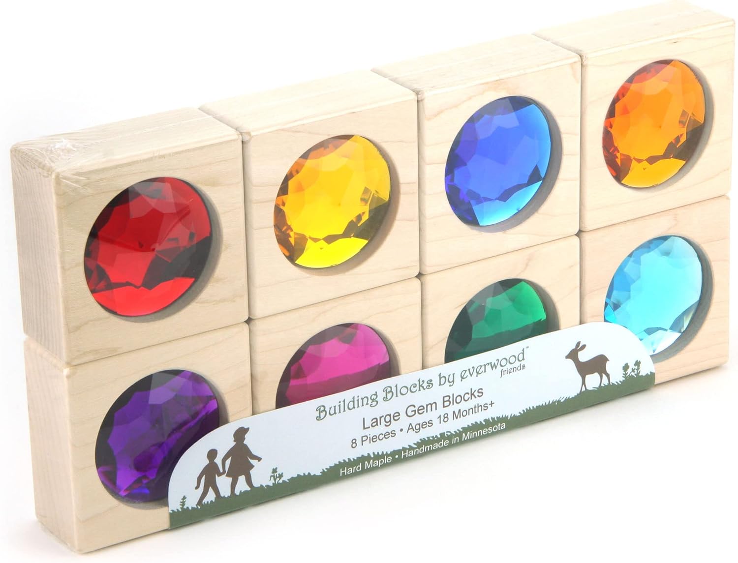 8 pc Large Bright Gem Building Blocks, Solid Wood Hard Maple Standard Unit Blocks, Made in USA Heirloom Quality Toys