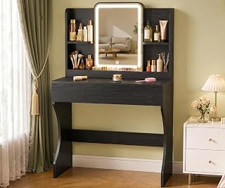 Black Small Vanity Desk with Mirror and 3 Adjustable Light Modes