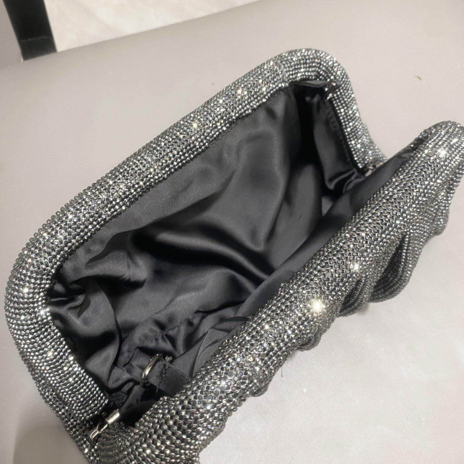 Borsa Da Sera con Pochette e Catena A Pieghe con Strass Scintillanti da Donna, Per Matrimoni E Feste,Grigio