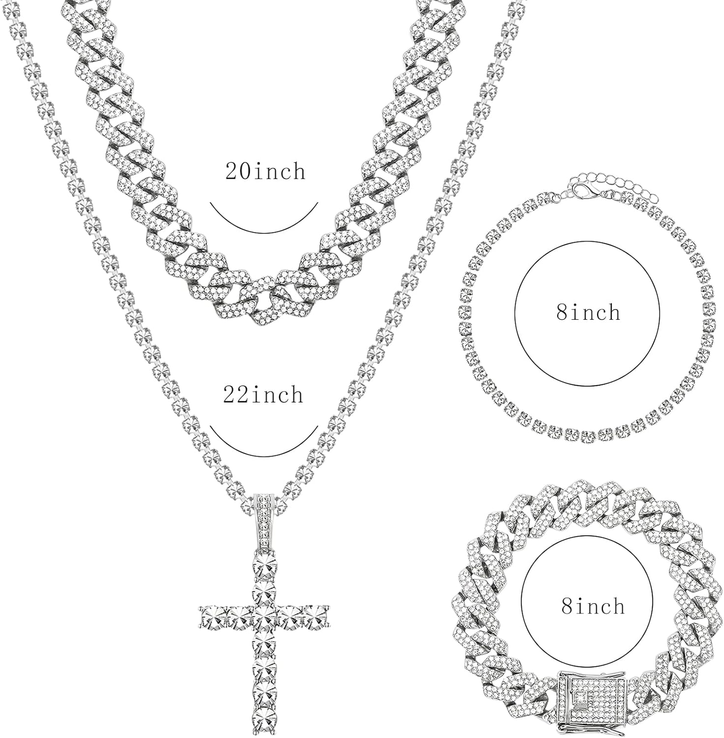 4 Pieces Cuban Link Chain for Men Silver Necklace and Bracelet Set Bling Diamond Necklace Bracelet Miami Cuban Chains Hip Hop Jewelry for Men Women - Image 2