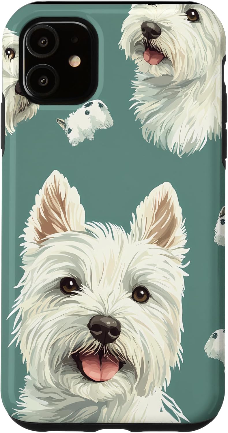 Green Bohemian Animal Print Westie Dog Pattern Case for iPhone 14 Pro Max