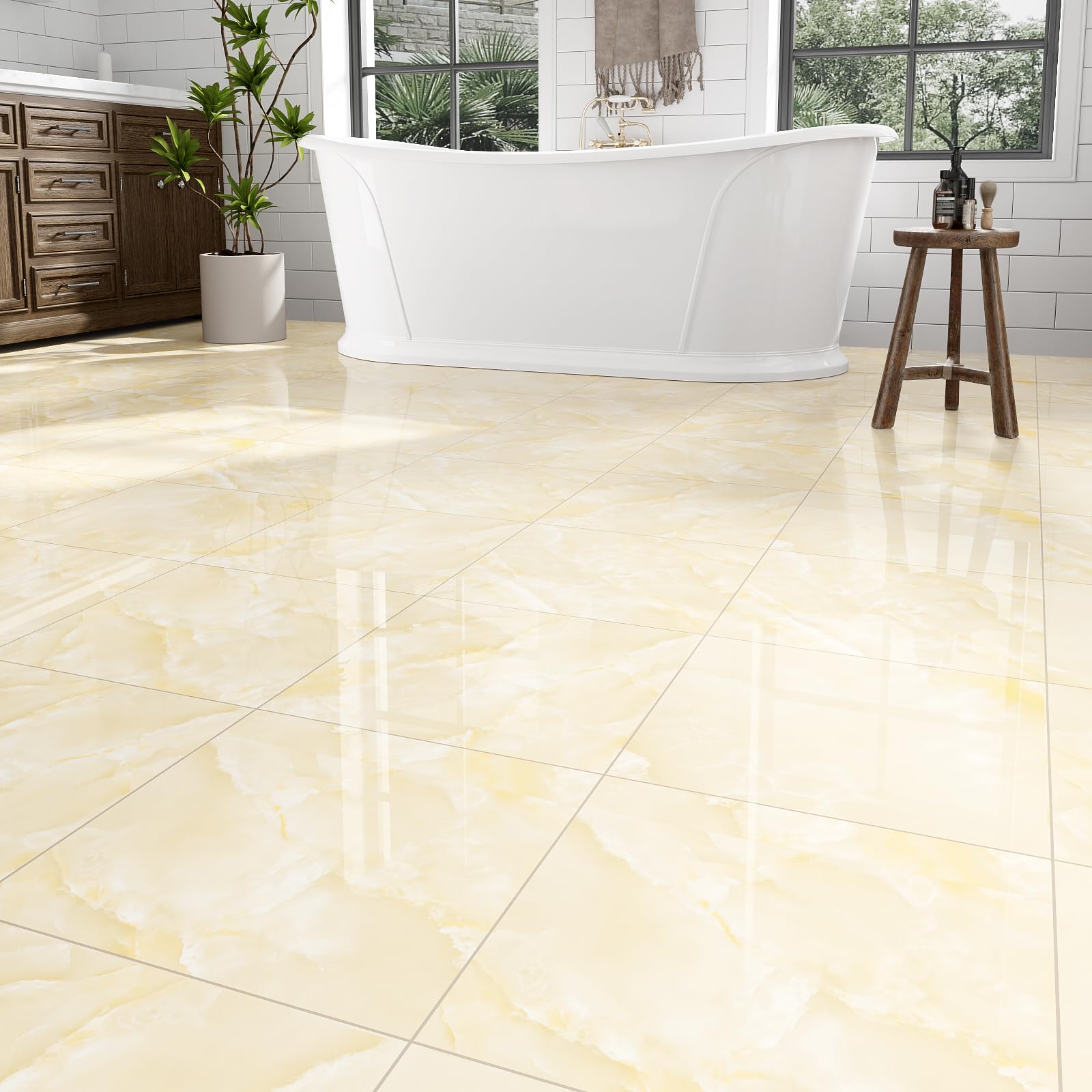 10-Pack Peel and Stick Floor Tiles Vinyl Floor 12 x 12 inch Self Adhesive Waterproof Flooring Planks DIY for Bathroom, Kitchen, Living Room, RV, Cover 10 Sq. Ft, Polish Ivory Beige Marble