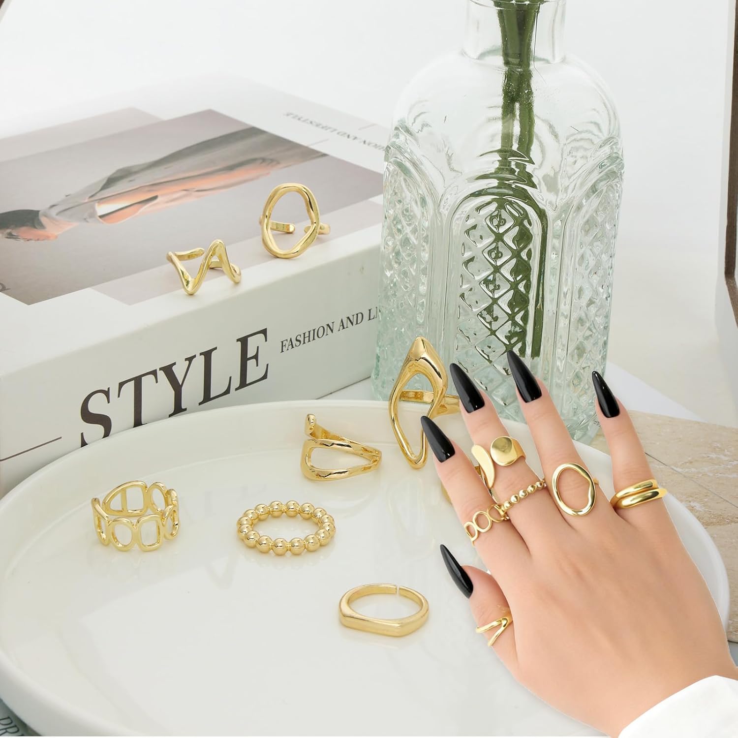 9 Pcs 18K Gold Plated Chunky Rings Stackable Gold Plated Thumb Ring Statement Stacking Braided Twisted Round Knuckle Band Dome Thick Open Rings Adjustable Dainty Trendy Jewelry Gift for Women - Image 3