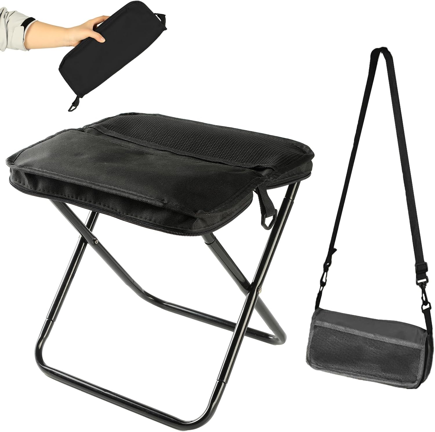 Portable Folding Stool 2-in-1 Camping Chair with Sling Bag Lightweight 12inch 264lbs Load Collapsible Stool Seat for Adults Outdoor Camping Fishing Hiking BBQ Travel Rest（Black）