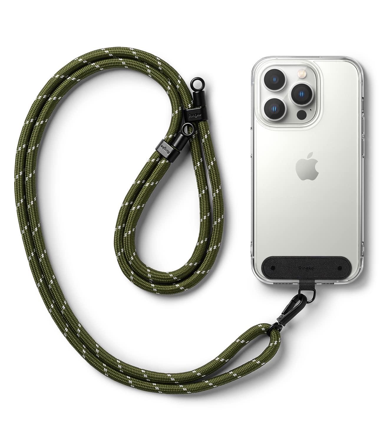 Ringke Holder Link Strap with Black Nylon Tag, Adjustable Crossbody Polyester Rope Lanyard Compatible with Universal Smartphone Case - Khaki & White-image-39