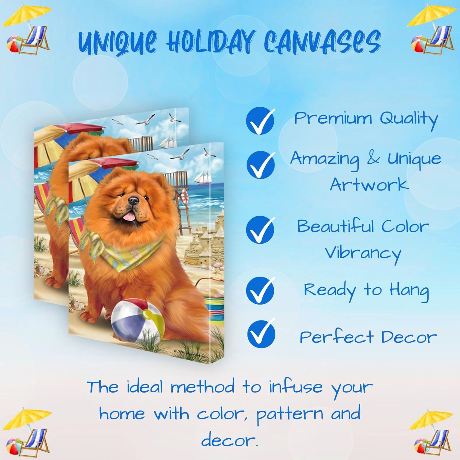 Pet Beach with Chow Chow Dogs Canvas Wall Art - Premium Quality Ready to Hang Room Decor - Black Floating Framed 16" x 24"