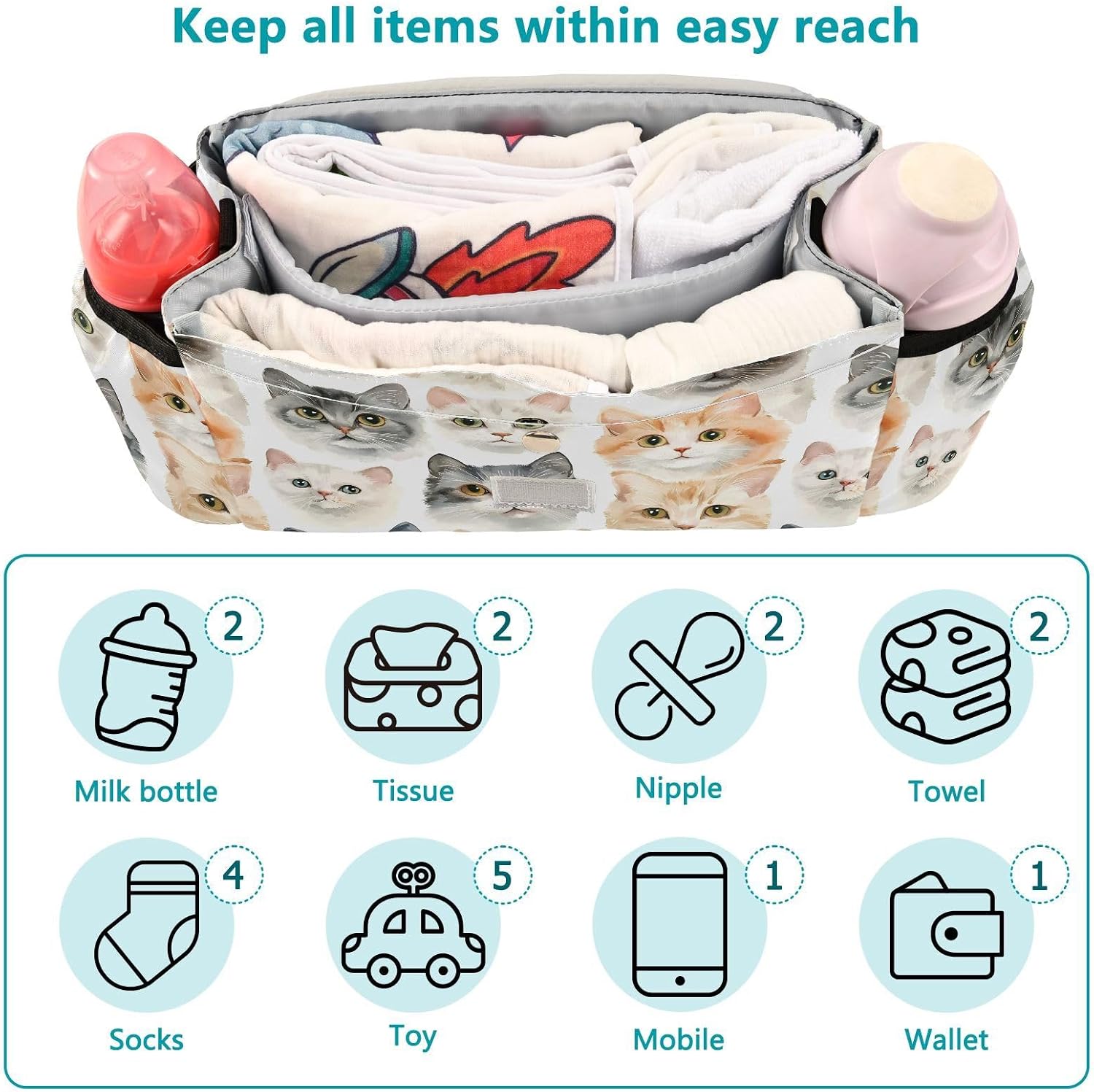 Animals Cat Group Watercolor stroller organizer baby bag baby caddy large straps accesorios para carrito para