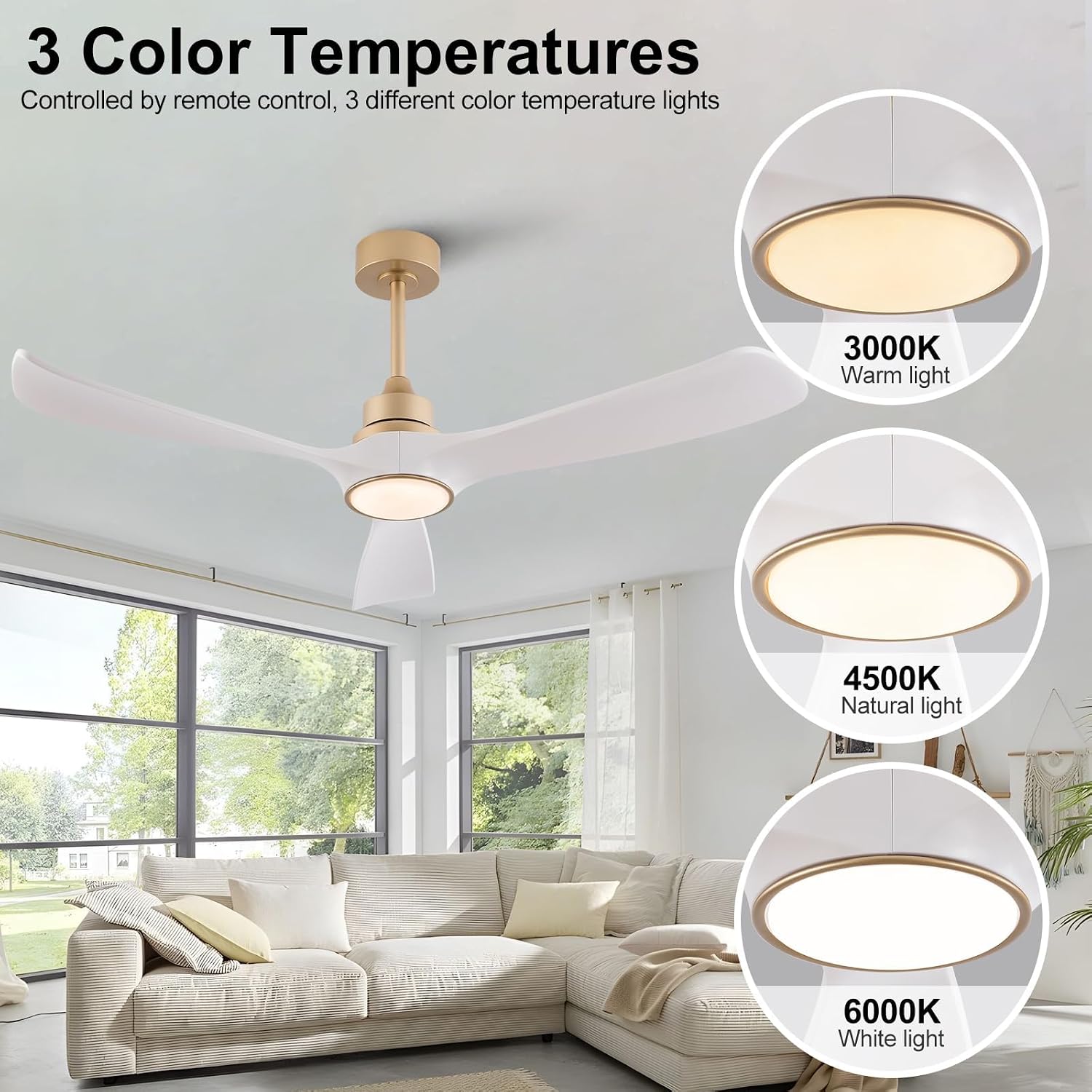 52 Inch White and Gold Ceiling Fans with Lights and Remote, Memory Function, Quiet Reversible DC Motor,3 ABS Blades, Modern Indoor Outdoor Ceiling Fan with Light for Bedroom