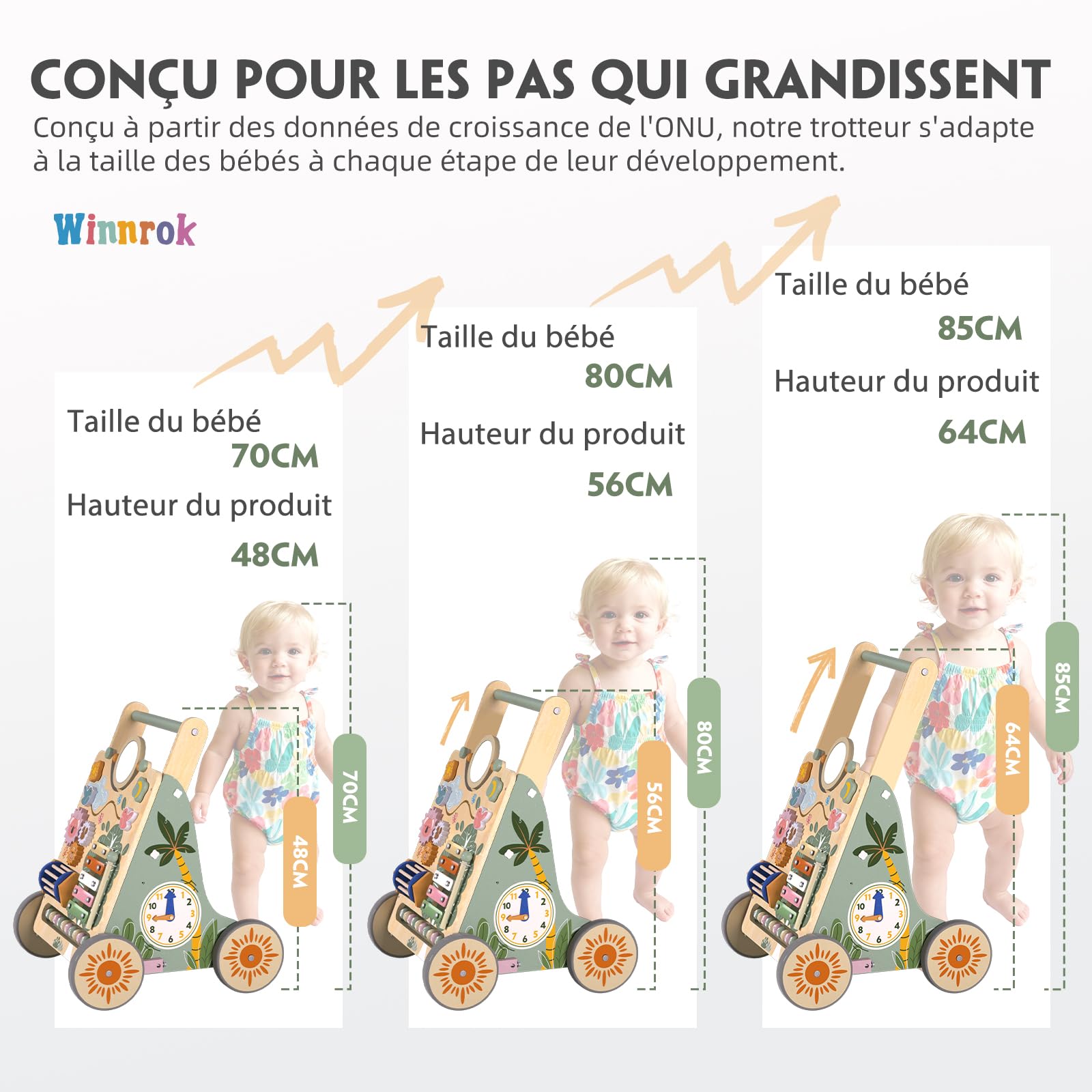 Chariot de Marche en Bois pour Bébé, Centre d'Activités Multiples Montessori, Trotteur Bébé Hauteur et Vitesse Réglables, pour Fille et Garçon de 6 Mois à 2 Ans, Cadeau pour Anniversaire et Noël