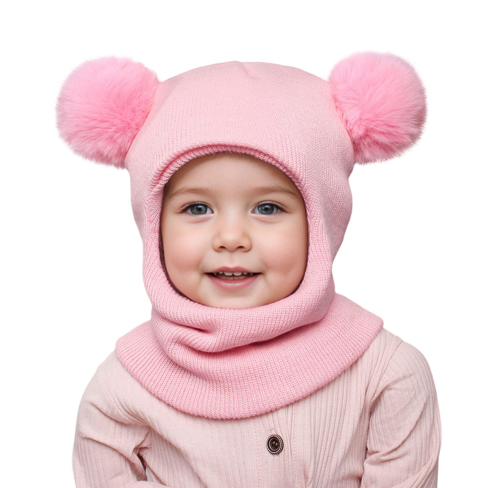 Dreshow Girls 1 Pc: 08-Pink Kids Winter Warm Hat Scarf Baby Earflap Beanies Hood Pom Pom Toddler Hat Windproof Balaclava Kids 1-6 Years