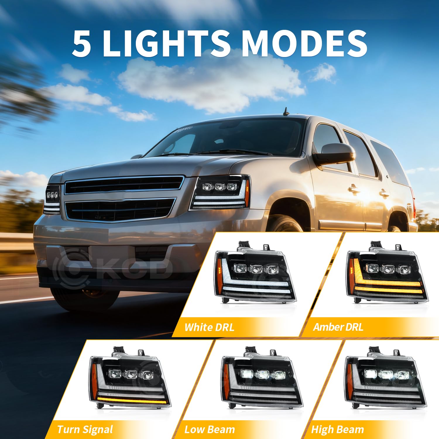 LED Fari Anteriori compatibili con Chevrolet Tahoe Suburban Avalanche 2007-2014, con freccia direzionale sequenziale e luci diurne (DRL) animate bianco/gialle