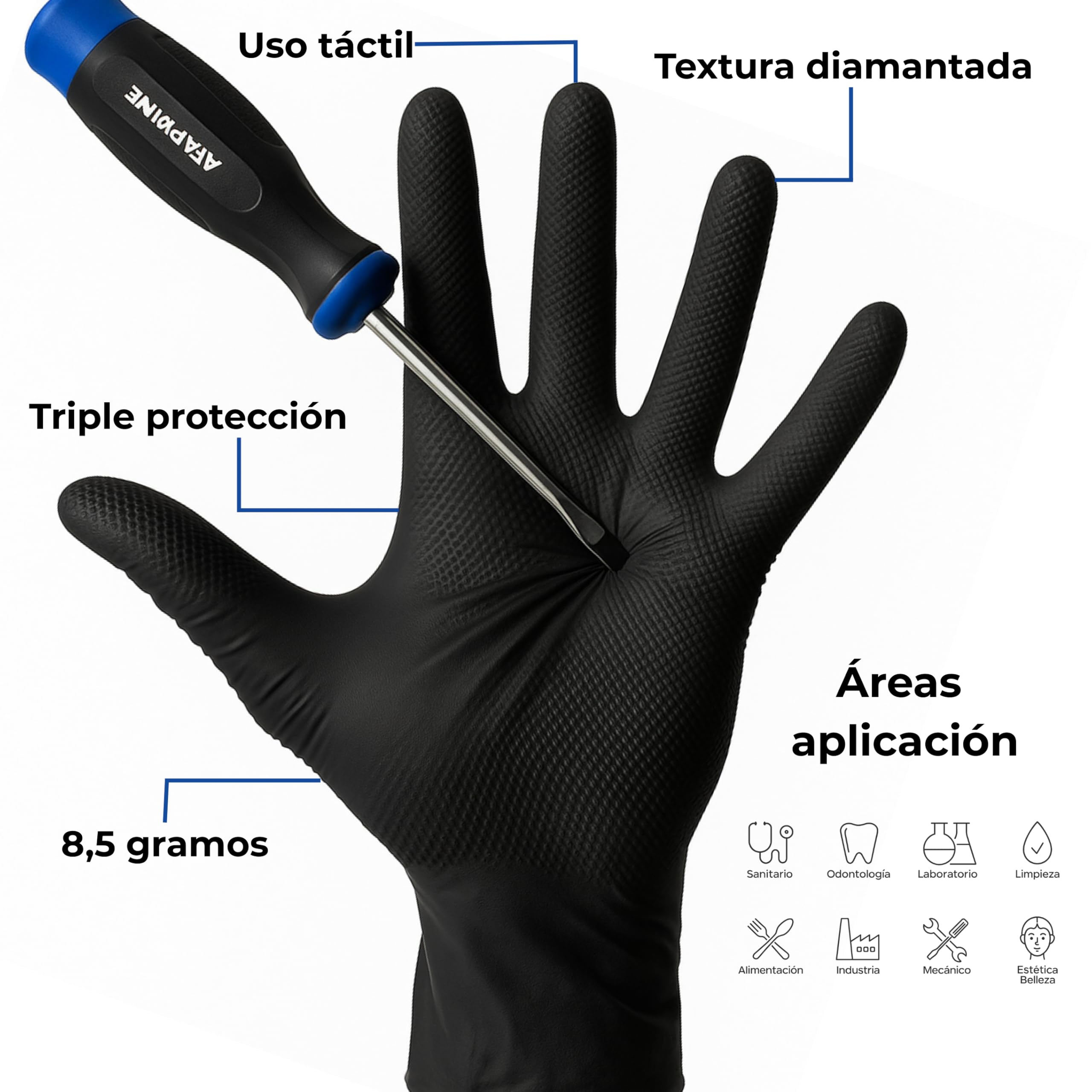 Gants jetables en nitrile noir – Professionnels jusqu'à 10,4 grams Triple résistance | Double diamant même avec huile | Gants de travail pour atelier, industrie, nettoyage (500, Negro, M)
