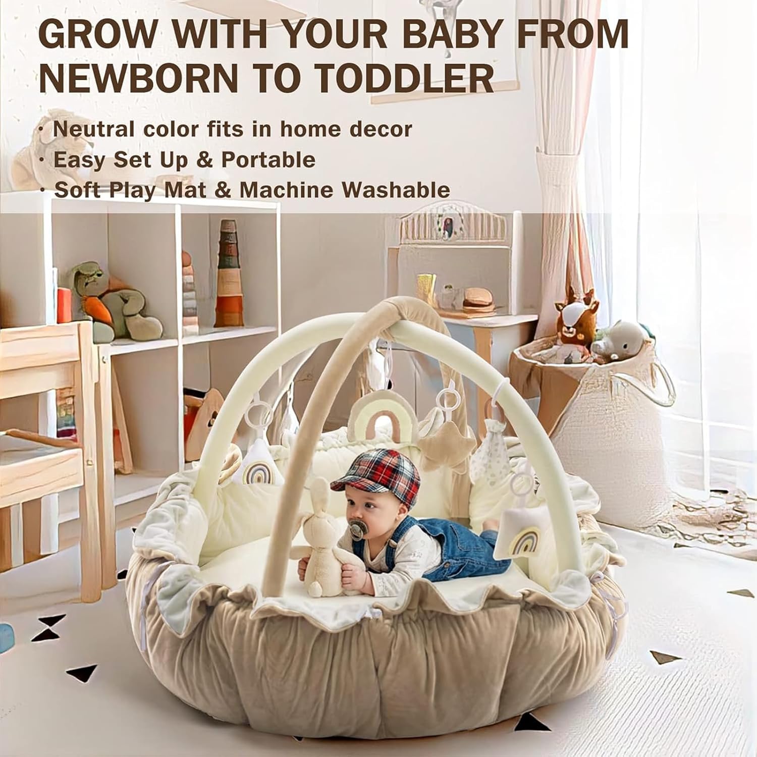 Little Dove 5-in-1 Convertible Baby Play Gym with 6 Toys, Tummy Time Mat for Sensory Development, Baby Activity Center for Newborn & Toddler, Ball Pit, Soft Pet Mat, Cream
