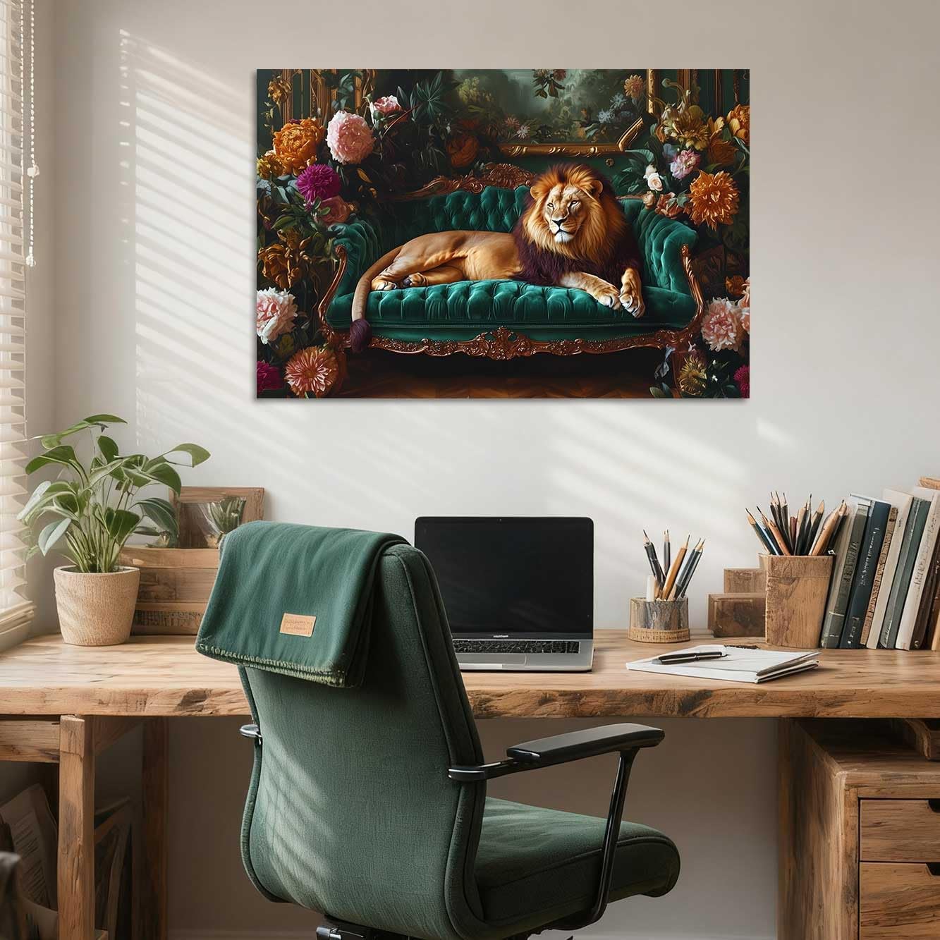 YMXDYMJSW Lion Canvas Wall Art Lion Lying On Vintage Sofa Pictures Print Emerald Green Maximalist Painting Jungle Animal Poster Bedroom Bathroom Decor (Brown, (20L x 30W))