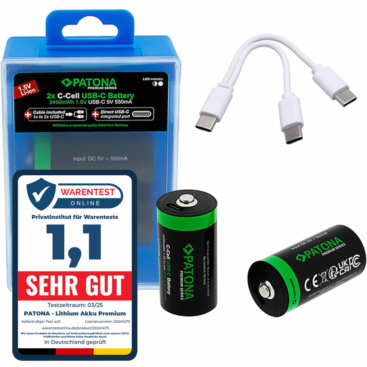 PATONA LR14 Baby C Akkus USB-C (2er Pack), 1.5V / 3.45 Wh / 2300 mAh, Aufladbar über USB-C (550mA), USB-C Ladekabel mit 2 Anschlüssen - 1411