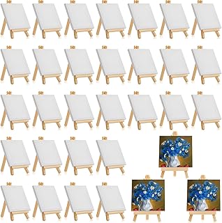 Mini Canvases Panels for Painting with Mini Easel Small Art Canvases Sets with Wood Display Easel for Kids Painting Craft Acrylic Pouring Oil Water Color Supply (32 Pack, 4 x 4 Inch)