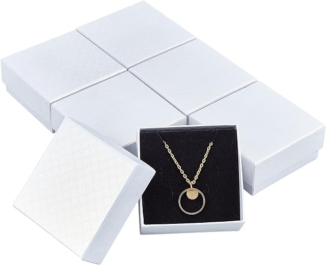 NBEADS 12 Pcs 7.5x7.5x3.5cm Cardboard Jewelry Box, White Square Paper Gift Case Paperboard Boxes with Sponge Fill for Pendants Necklaces Bracelet Gift Packaging Shipping