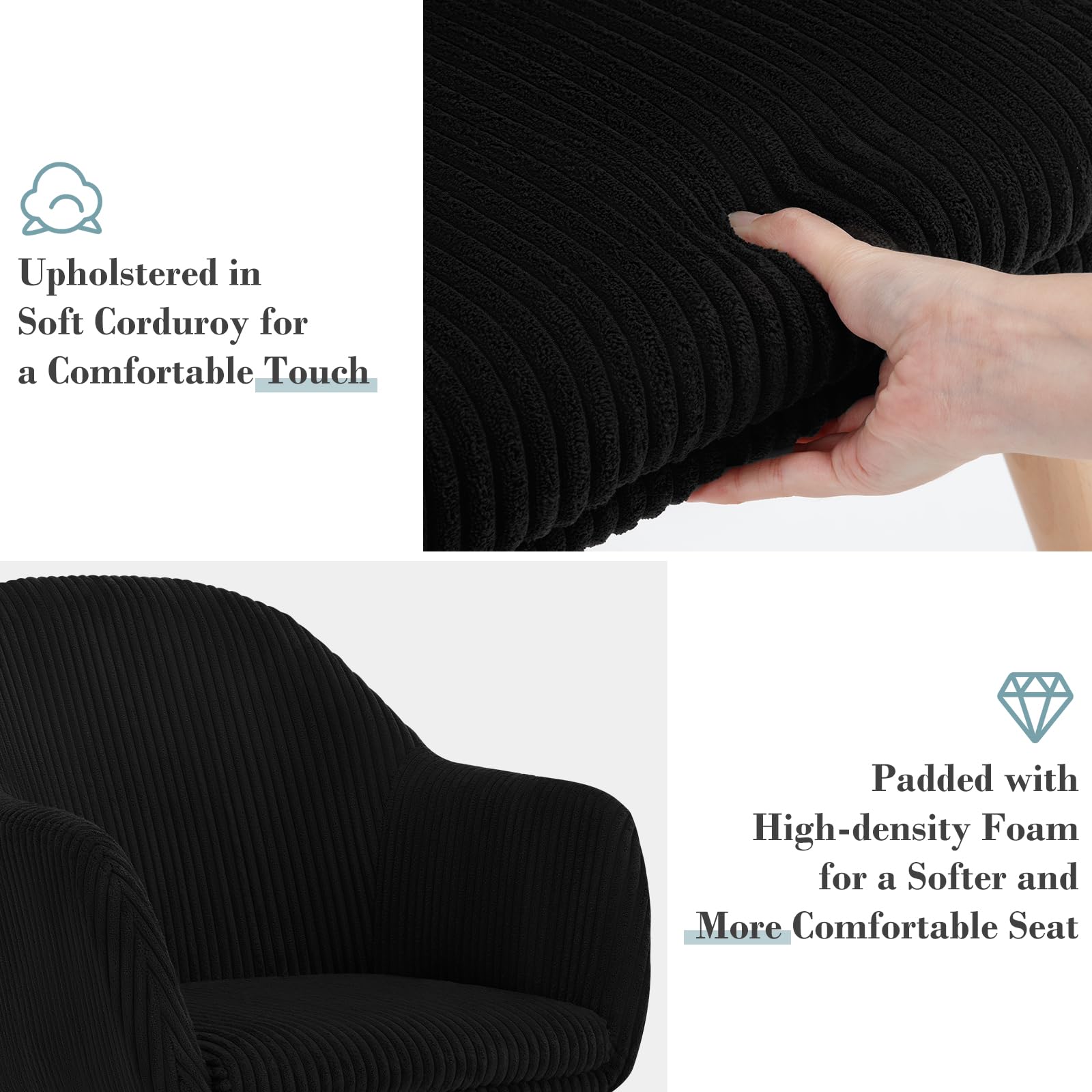 WOLTU Chaise de Salle à Manger avec Accoudoir, Chaise Rembourrée avec Pieds en Bois Massif, en Velours Côtelé, Noir, EZS26sz-1
