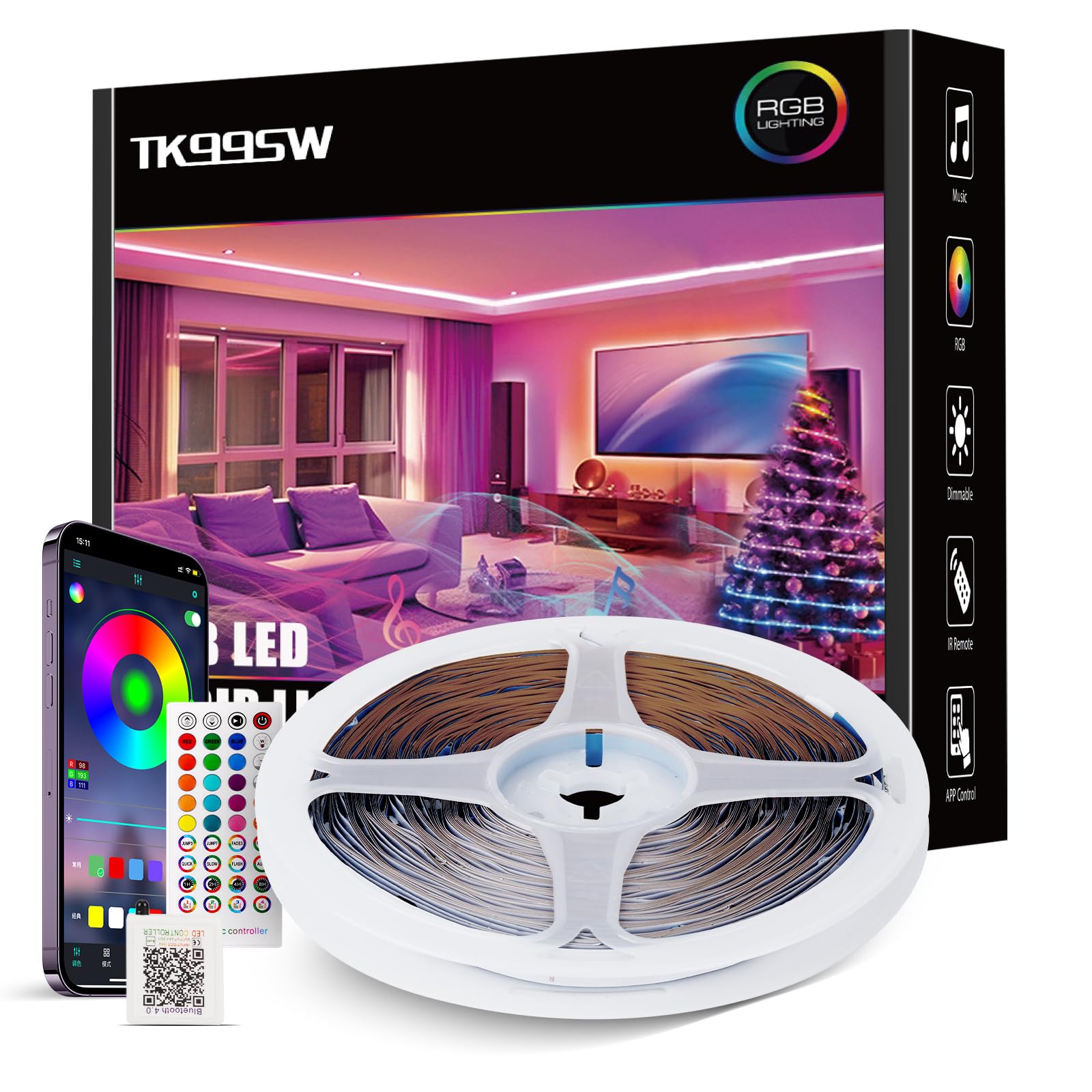 TK99SW TK99SW LED Strip Lights 20m, Smart APP Control Remote Colour Changing Music Sync Built-in Mic Flexible RGB Led Strip Lights for Bedroom Kitchen Party Home Decoration