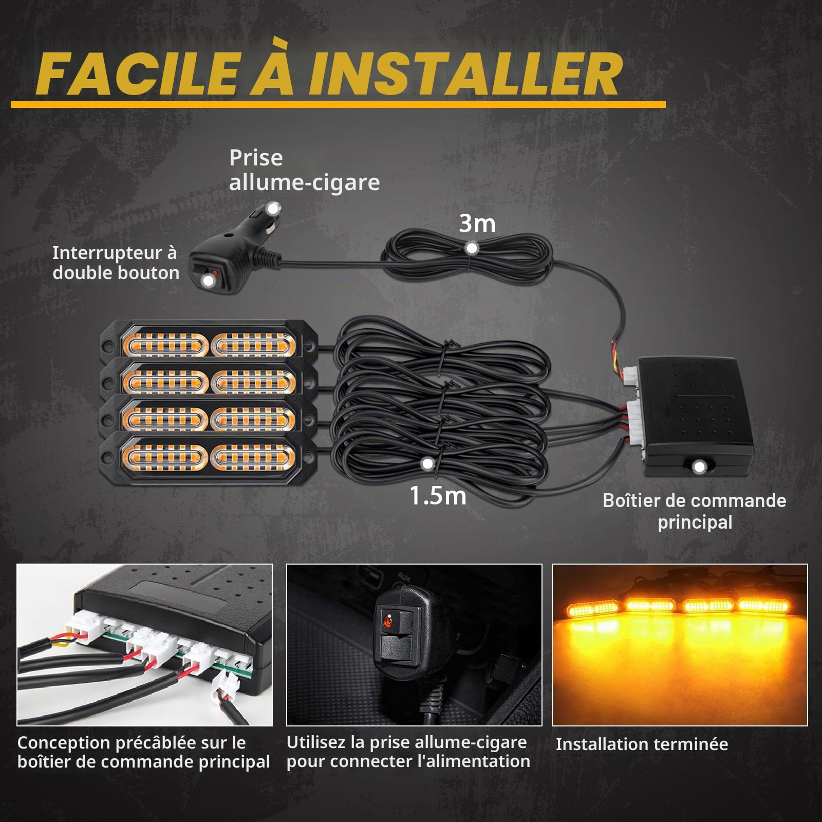 Lampe Stroboscopique Ambrée Pour Véhicules, 4PCS Feux LED Avec Boîte de Contrôle, 20 Modèles, 12V-24V Pour Voiture Van Camion