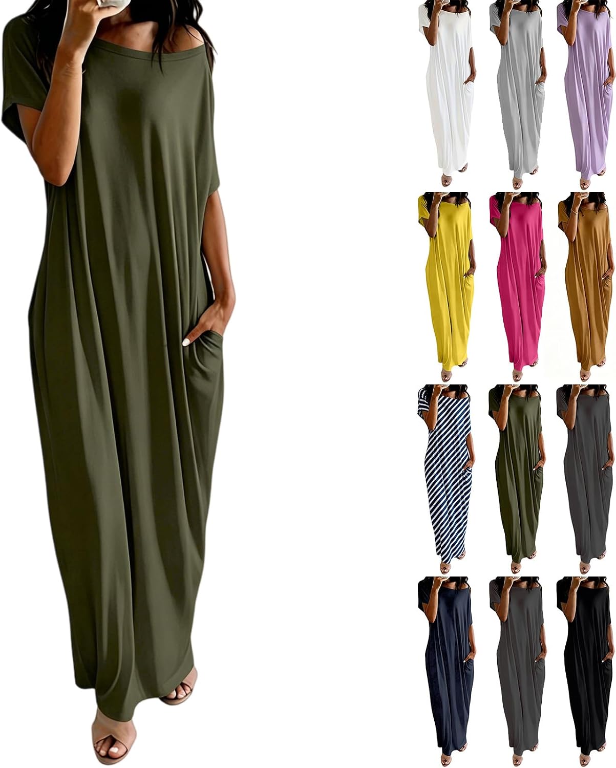 Casual Dresses for Women Off the Shoulder Short Sleeve Long Tshirt Dress with Pockets Summer Batwing Lounge Dress