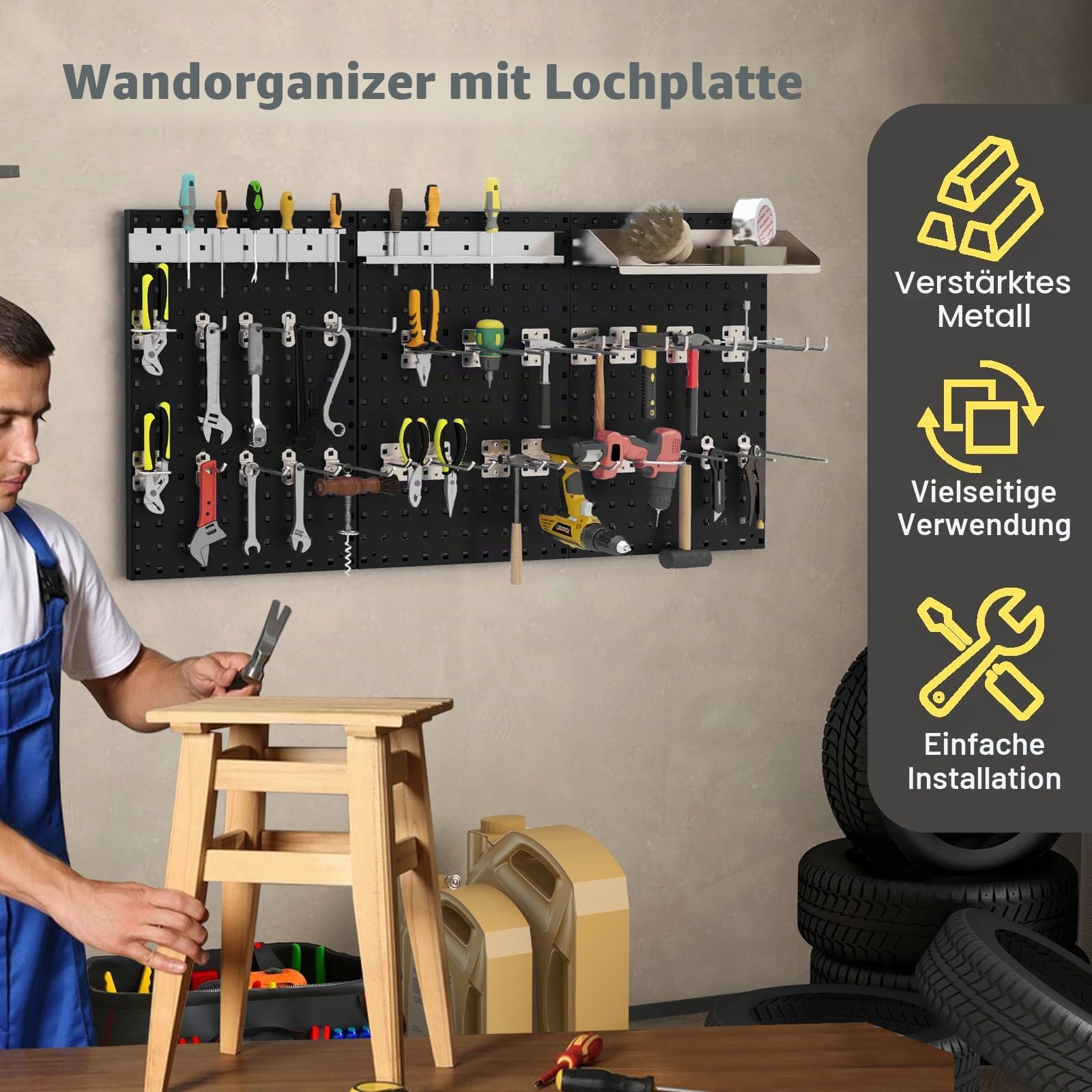 SOARS Werkzeughalter, Wandmontage, 120 x 60 cm, Werkzeugaufbewahrung aus Metall, 3 Paneele, perforiert, mit Set mit 28 Haken, stabil und robust, für Garage, Werkstatt, Reparaturwerkstatt (schwarz)