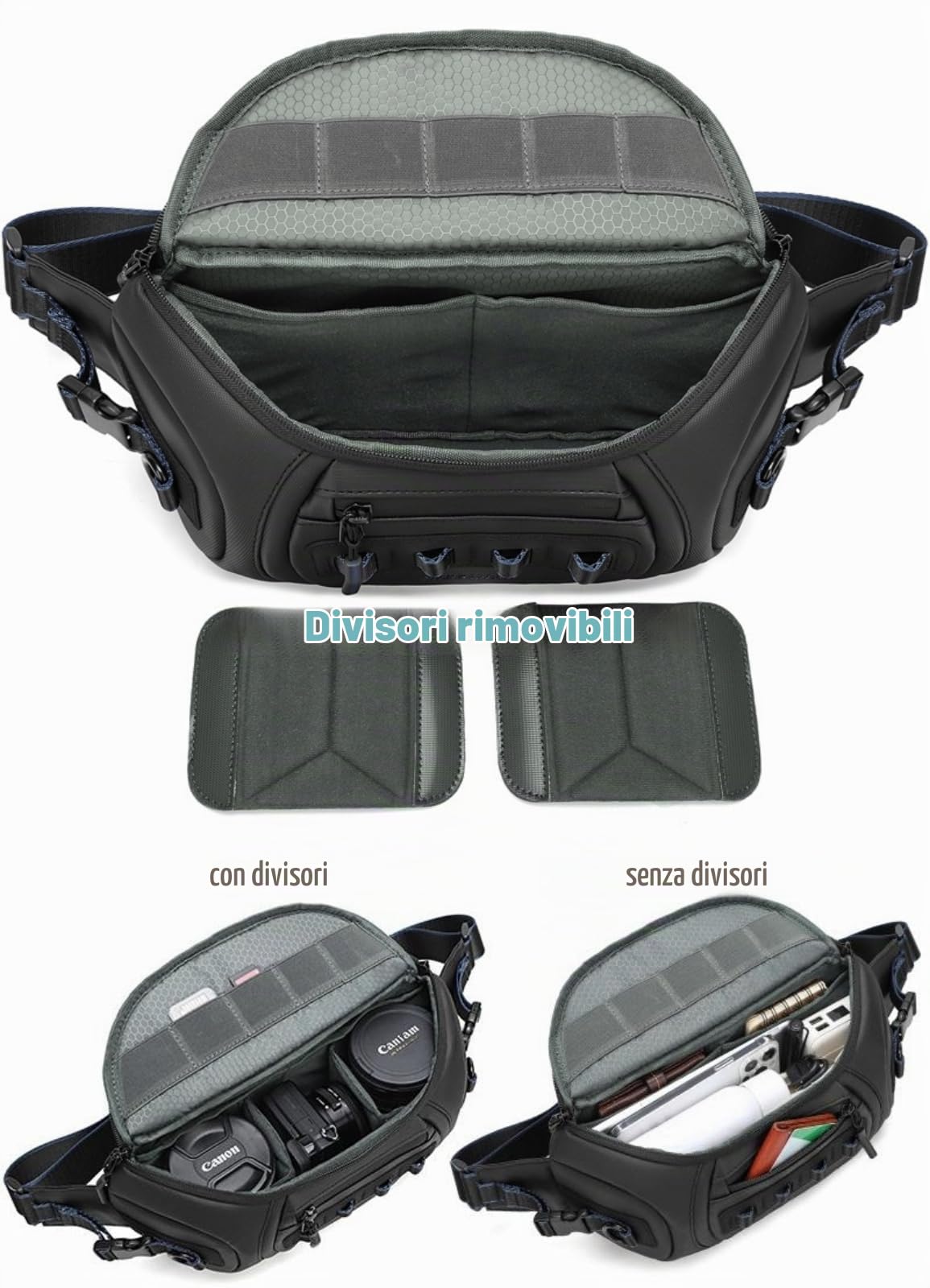 Borsa Monospalla per Fotocamera Impermeabile in Tessuto Oxford con 2 Divisori Rimovibili Custodia per Mirrorless e Reflex BG514