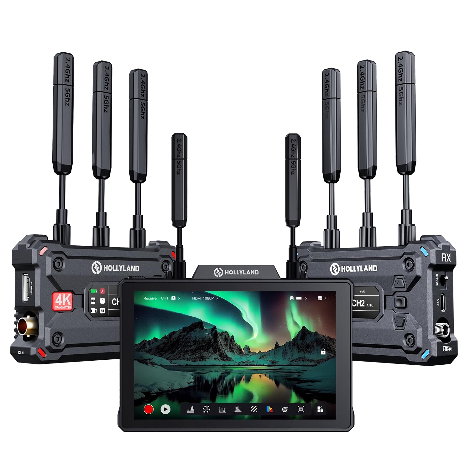 Hollyland 4K Video Transmit Family - Transmisor Receptor Inalámbrico Pyro S (TX&RX) y Transmisor/Receptor/Monitor Inalámbrico Pyro de 7 Pulgadas (1 Set)